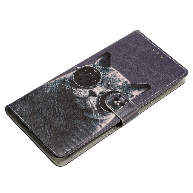 Colored Drawing Leather Phone Case for Huawei Mate 60 featuring a cute sunglasses cat design, made from durable PU and TPU materials.